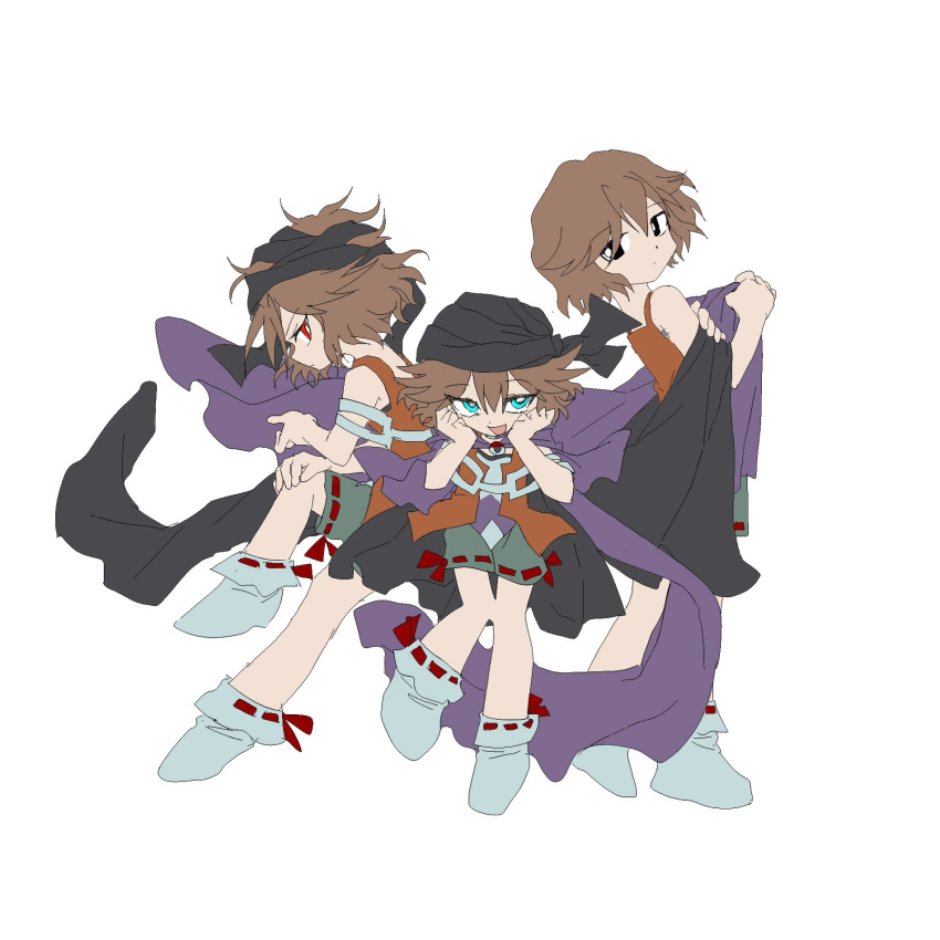 3others :o bandeau black_bandeau black_cape black_eyes blue_eyes bow bow_legwear brown_hair cape clenched_hands dual_persona eye_of_senri flat_color from_side full_body green_bow green_shorts hand_on_own_knee hands_on_own_cheeks hands_on_own_face highres holding holding_cape holding_clothes holding_scarf jacket kuzu_suzumi leg_up len'en looking_at_another looking_at_viewer messy_hair multiple_others mxx33 open_clothes open_jacket open_mouth orange_jacket outstretched_hand parted_lips red_eyes removing_cape ribbon-trimmed_shorts ribbon-trimmed_socks ribbon_trim scarf shirt short_hair shorts simple_background sleeveless sleeveless_jacket smile socks turban white_background white_shirt white_socks