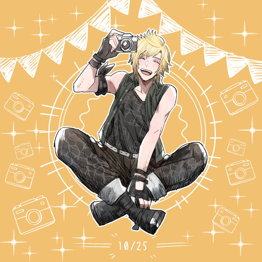1boy arm_ribbon bare_shoulders belt black_footwear black_gloves black_pants black_ribbon black_vest blonde_hair boots camera closed_eyes dated final_fantasy final_fantasy_xv fingerless_gloves freckles gloves grey_belt hand_on_own_foot happy_birthday highres holding holding_camera indian_style male_focus nnnmmg0725 open_mouth orange_background pants print_shirt prompto_argentum ribbon shirt short_hair sitting sleeveless sleeveless_shirt smile solo sparkle spiky_hair swept_bangs tank_top teeth upper_teeth_only vest