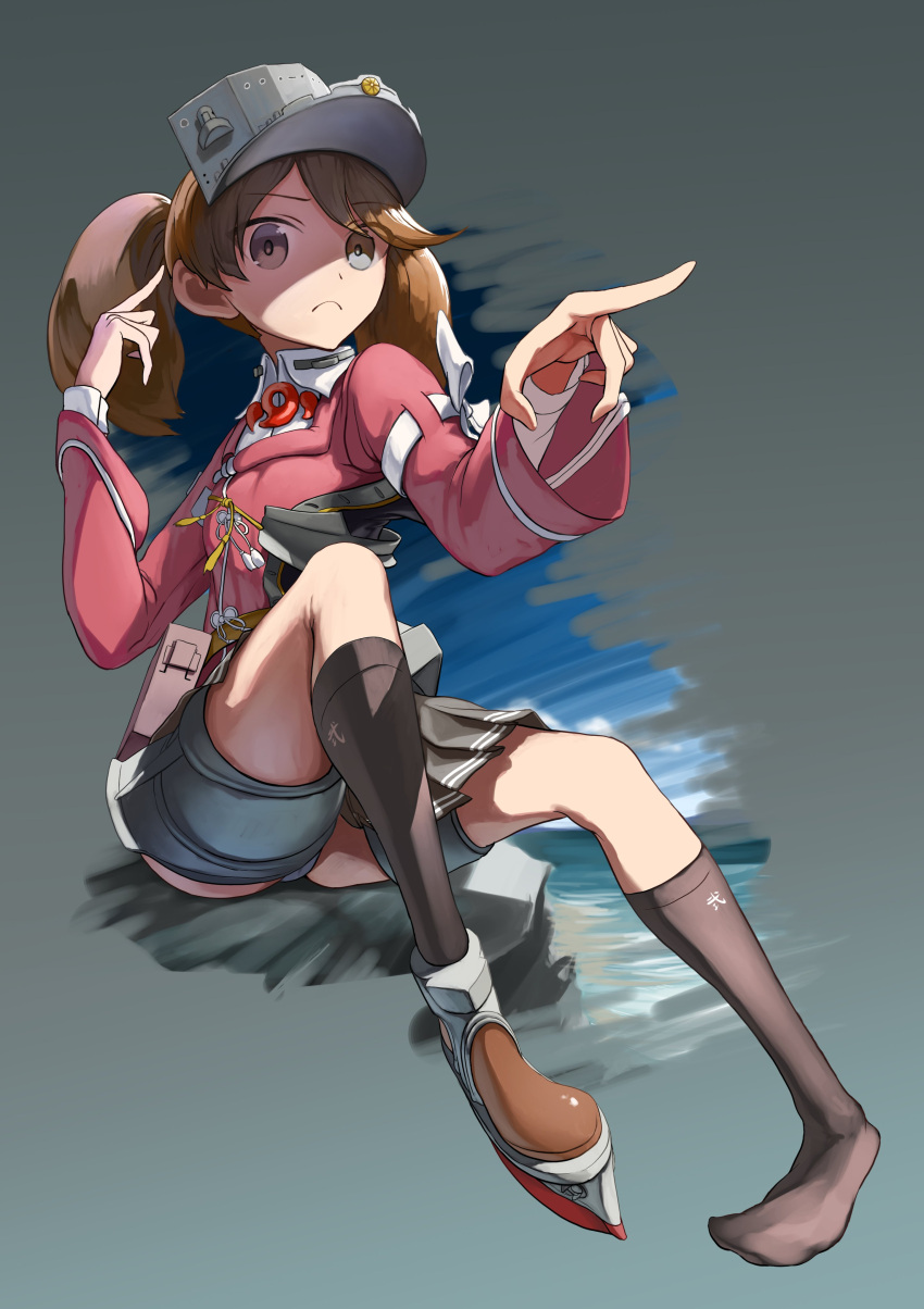1girl absurdres black_skirt brown_eyes brown_hair collared_shirt commentary_request dress_shirt grey_background highres japanese_clothes kantai_collection kariginu long_hair looking_at_viewer machinery magatama pleated_skirt pointing red_shirt rudder_footwear ryuujou_(kancolle) sannsogyoraikai shirt shoes simple_background single_shoe skirt solo twintails visor_cap white_shirt