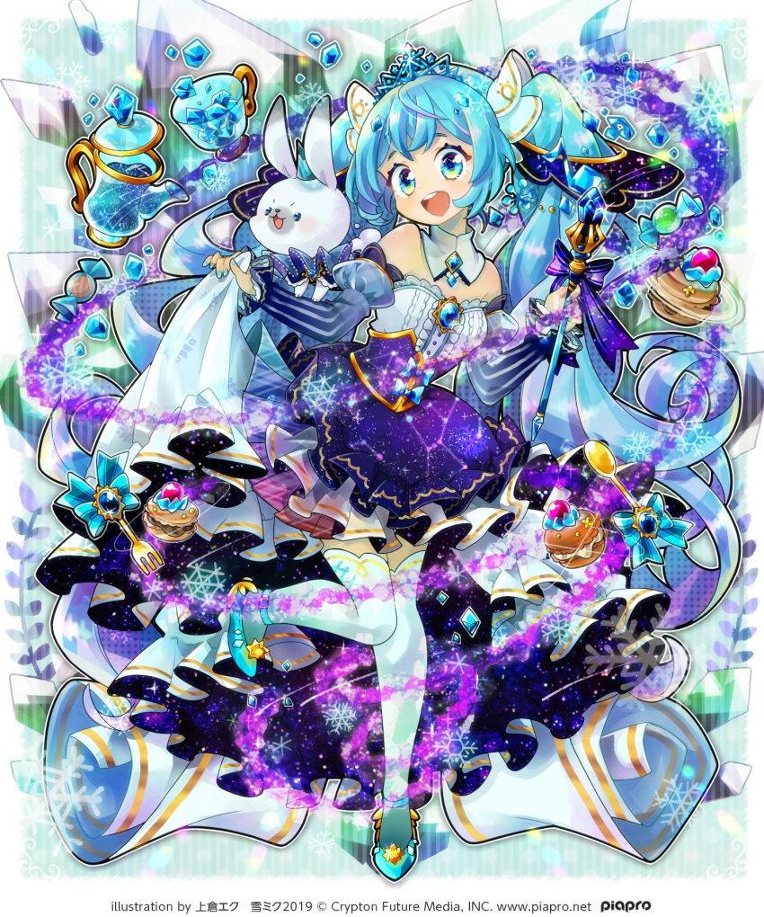 1girl blue_bow blue_footwear blue_gemstone blue_hair bow brooch constellation_print copyright_notice cup detached_collar detached_sleeves doradorakingyo eyelashes food fork gem hatsune_miku highres holding holding_scepter jewelry long_sleeves looking_at_viewer macaron open_mouth piapro scepter snowflakes solo spoon teacup teapot teeth thigh-highs twintails upper_teeth_only vocaloid white_rabbit_(animal) white_thighhighs wrapped_candy