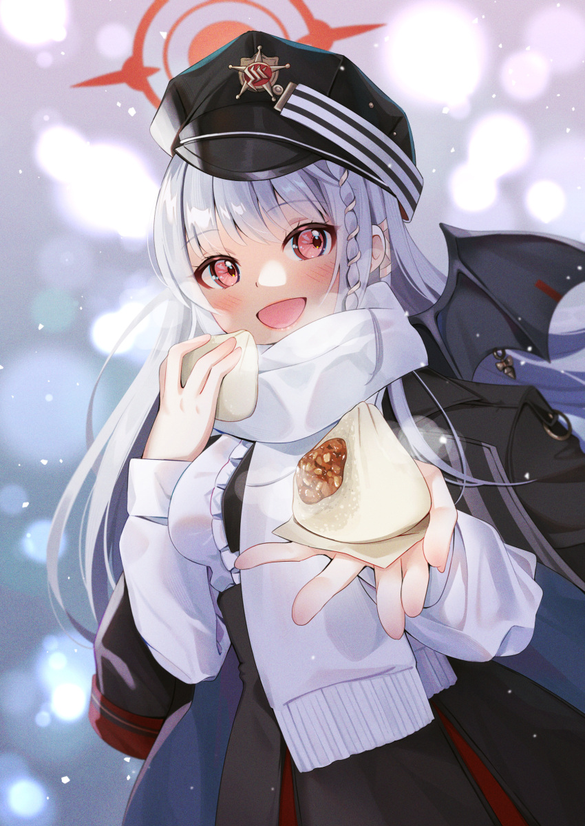 1girl absurdres baozi black_coat black_headwear black_wings blue_archive blush braid breasts coat fake_wings food fringe_trim grey_hair halo haruna_(blue_archive) hat highres holding holding_food kurape_(pat1na) large_breasts long_hair long_sleeves looking_at_viewer open_mouth red_eyes red_halo scarf side_braid single_wing smile solo white_scarf wings