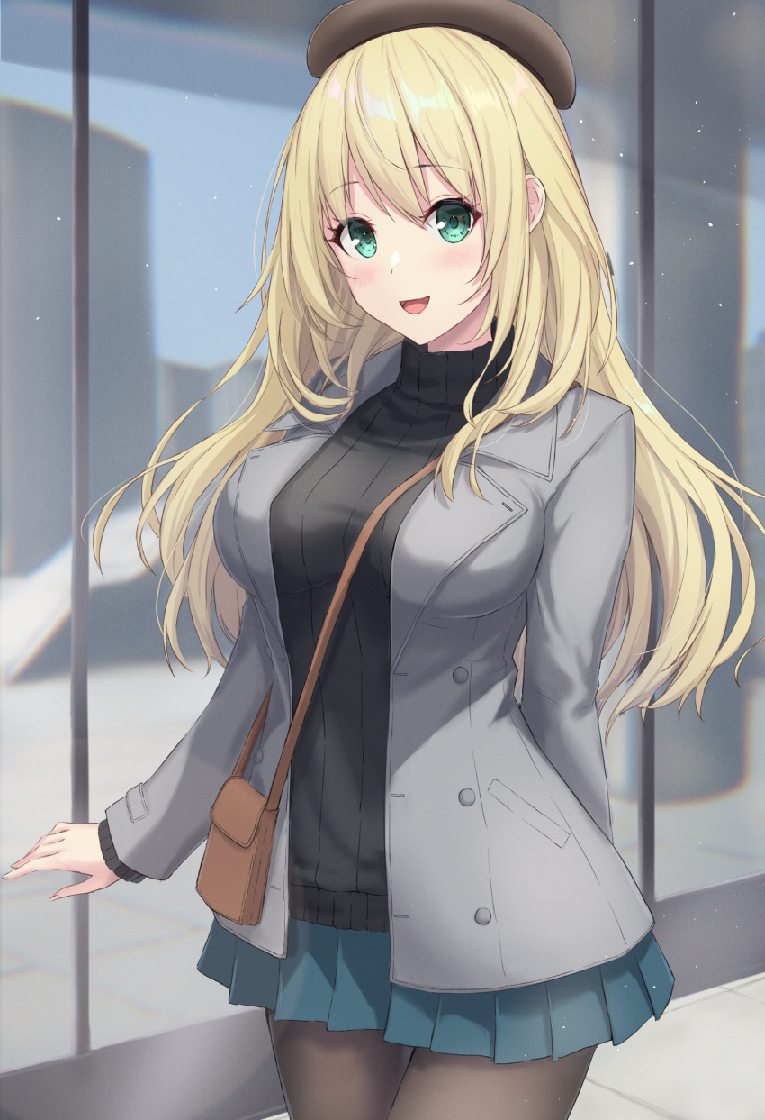 1girl absurdres alternate_costume atago_(kancolle) bag beret black_pantyhose black_sweater blonde_hair blush breasts brown_headwear coat commission cowboy_shot fingernails green_eyes green_skirt grey_coat hat highres kantai_collection large_breasts long_hair long_sleeves looking_at_viewer monoku open_clothes open_coat open_mouth pantyhose pleated_skirt ribbed_sweater shoulder_bag skeb_commission skirt smile solo sweater turtleneck turtleneck_sweater