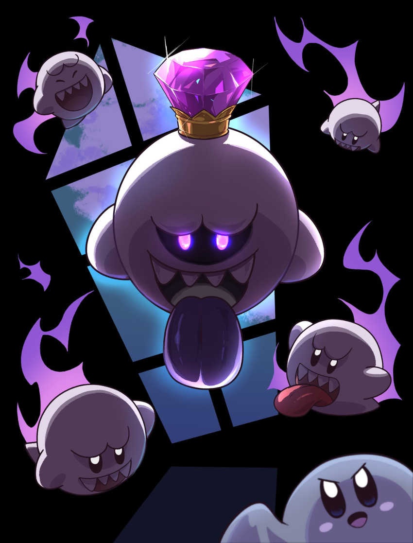 black_eyes blue_eyes blush_stickers boo_(mario) commentary_request copy_ability crown dark gem ghost ghost_kirby glowing glowing_eyes highres king_boo kirby kirby_(series) looking_at_viewer luigi's_mansion no_humans odd_one_out open_mouth poyo_party shaded_face sharp_teeth smile super_mario_bros. teeth tongue tongue_out violet_eyes window