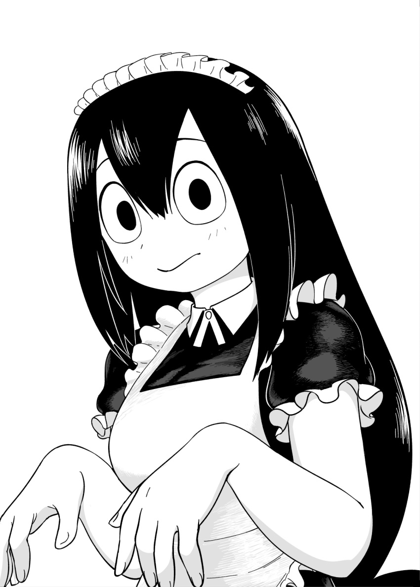 1girl alternate_costume apron asui_tsuyu black_dress boku_no_hero_academia commentary_request dress enmaided frilled_apron frills greyscale highres long_hair low-tied_long_hair maid maid_apron maid_headdress monochrome o_den solo upper_body very_long_hair