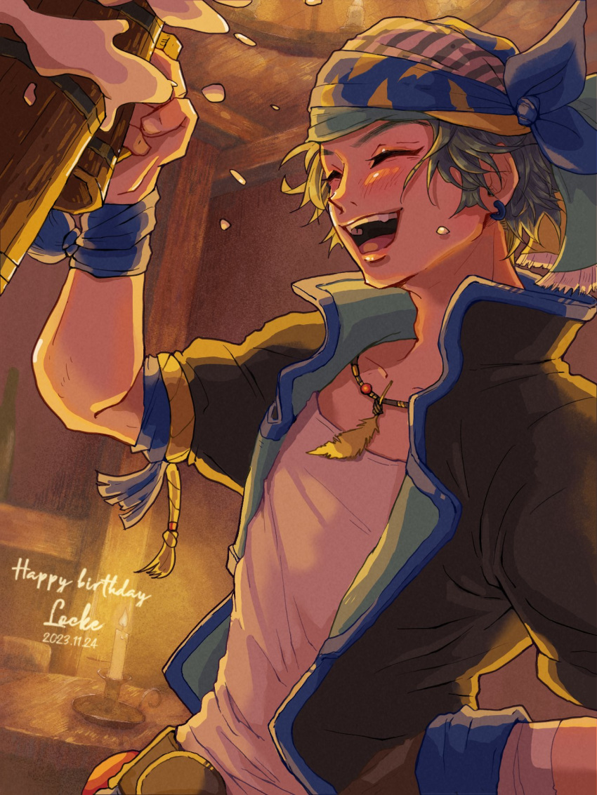 1boy bandaged_wrist bandages beer_mug belt black_jacket blue_ribbon blush candle character_name closed_eyes cup dated eakanasu earrings feather_necklace final_fantasy final_fantasy_vi grey_hair hand_on_own_hip happy_birthday head_scarf highres holding holding_cup indoors jacket jewelry locke_cole male_focus mug multicolored_clothes multicolored_headwear necklace open_mouth parted_bangs ribbon shirt short_hair sleeves_rolled_up smile solo teeth upper_body upper_teeth_only white_shirt wrist_ribbon