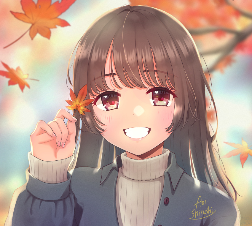 1girl absurdres artist_name autumn_leaves blurry blurry_background blush brown_eyes brown_hair day derivative_work hand_up highres holding holding_leaf leaf long_hair long_sleeves maple_leaf original outdoors shirushi_aoi smile sweater