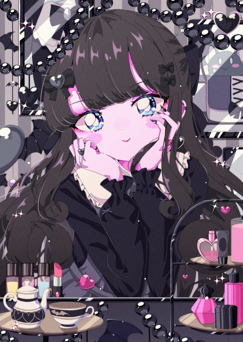 1girl absurdres black_bow black_nails black_shirt blue_eyes blunt_bangs blush bottle bow bright_pupils brown_hair closed_mouth commentary_request cosmetics cup grey_background hair_bow hands_on_own_cheeks hands_on_own_face hands_up heart highres indoors jewelry kurosu_aroma lipstick_tube long_hair long_sleeves looking_at_viewer milon_cas nail_polish nail_polish_bottle perfume_bottle picture_frame pretty_series pripara red_lips retro_artstyle ring shirt smile solo sparkle teacup teapot tiered_tray white_pupils