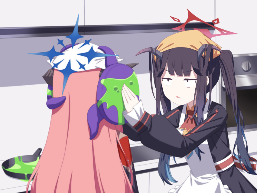 2girls absurdres aimpoleume apron ascot bad_food black_dress black_hair black_horns blue_archive blue_halo commentary demon_horns dress english_commentary fuuka_(blue_archive) halo head_scarf highres horns indoors juri_(blue_archive) long_hair long_sleeves multiple_girls pink_hair red_ascot red_halo twintails white_apron yellow_headwear