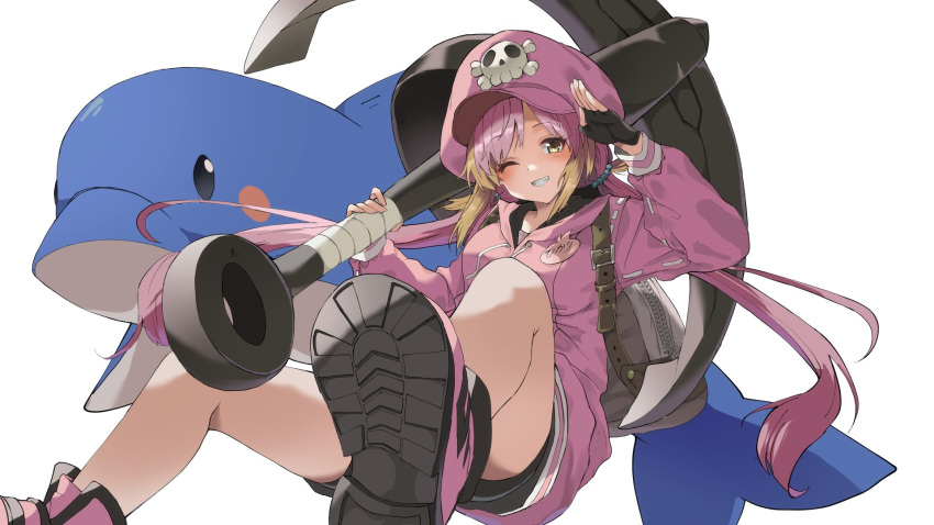 1girl anchor awase_kazuwara backpack bag black_gloves black_shorts blonde_hair blush boots breasts cabbie_hat commentary_request cosplay dolphin fingerless_gloves full_body gloves grey_bag grin guilty_gear hat hat_ornament highres hira_hikari holding holding_anchor hood hood_down hoodie long_hair long_sleeves looking_at_viewer may_(guilty_gear) may_(guilty_gear)_(cosplay) medium_bangs medium_breasts mr._dolphin_(guilty_gear) multicolored_hair nanashi_inc. one_eye_closed pink_footwear pink_hair pink_headwear pink_hoodie salute shoe_soles shorts simple_background skull_and_crossbones skull_hat_ornament smile solo two-tone_hair virtual_youtuber white_background yellow_eyes