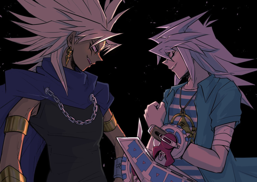 2boys brown_hair commentary_request dark-skinned_male dark_skin duel_disk earrings eye_contact grey_hair jewelry long_hair looking_at_another male_focus millennium_ring multiple_boys night outdoors shirt smile spiky_hair star_(sky) striped striped_shirt upper_body violet_eyes yagamikan yami_bakura yami_marik yu-gi-oh! yu-gi-oh!_duel_monsters