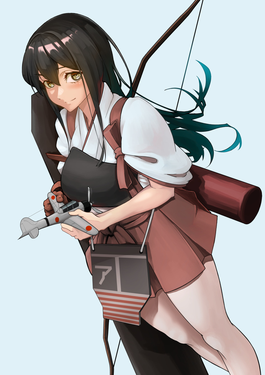 1girl a6m_zero absurdres akagi_(kancolle) blue_background bow_(weapon) brown_eyes brown_gloves brown_hair dutch_angle echo-kilo from_above gloves hakama hakama_short_skirt hakama_skirt highres japanese_clothes kantai_collection long_hair looking_at_viewer looking_up muneate partially_fingerless_gloves quiver red_hakama red_skirt simple_background single_glove skirt smile solo straight_hair tasuki weapon yugake