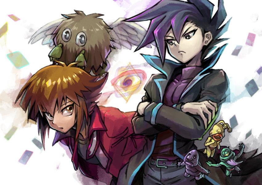 2boys :o arms_behind_back belt black_eyes black_hair black_pants black_shirt bright_pupils brown_eyes brown_hair card commentary_request crossed_arms duel_monster floating_card high_collar highres jacket leaning leaning_forward looking_at_another male_focus multiple_boys ojama_black ojama_green ojama_yellow open_clothes open_jacket pants purple_shirt red_jacket shirt short_hair sidelocks spiky_hair standing studded_belt turtleneck winged_kuriboh youko-shima yu-gi-oh! yu-gi-oh!_gx