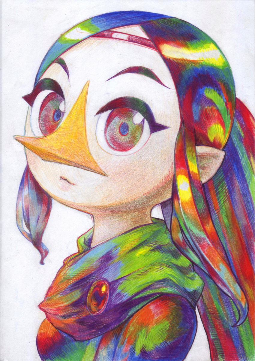 1girl absurdres beak blue_hair breasts circlet commentary_request green_eyes green_hair highres medium_breasts medli multicolored_eyes multicolored_hair o_den pointy_ears ponytail red_eyes redhead solo the_legend_of_zelda the_legend_of_zelda:_the_wind_waker upper_body