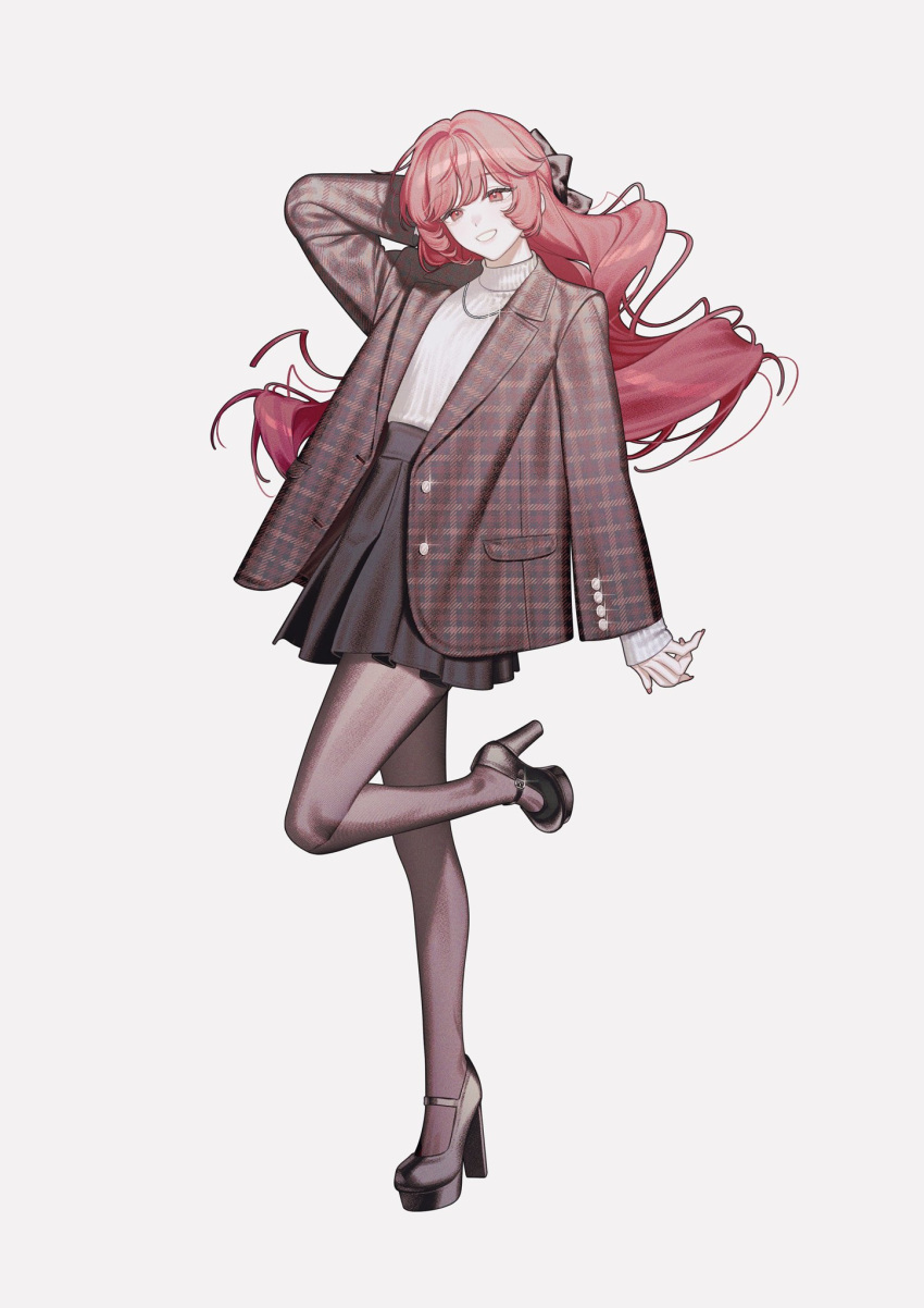 1girl arm_behind_head black_footwear black_pantyhose black_skirt buttons commission full_body high_heels highres jacket long_hair mary_janes nanoka_san original pantyhose plaid plaid_jacket red_eyes redhead shoes simple_background skirt smile solo standing standing_on_one_leg sweater turtleneck turtleneck_sweater white_background