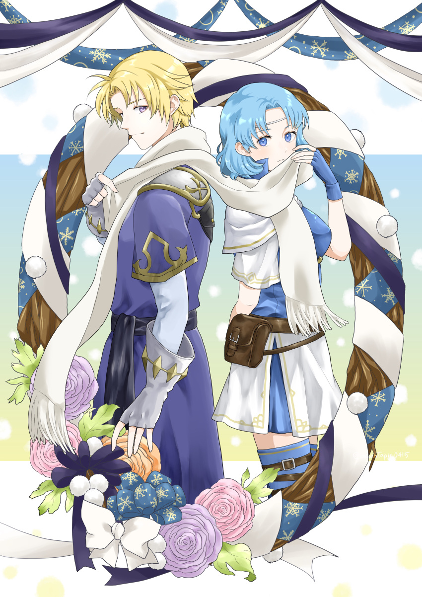 1boy 1girl absurdres blonde_hair blue_background blue_eyes blue_hair blue_thighhighs brown_bag circlet closed_mouth commentary_request eyelashes fire_emblem fire_emblem:_the_binding_blade flower full_body gradient_background highres klein_(fire_emblem) long_scarf looking_at_viewer midori_no_baku multicolored_background pink_flower purple_flower scarf short_hair thea_(fire_emblem) thigh-highs violet_eyes white_background white_scarf yellow_background