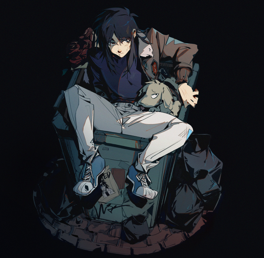 1boy black_background black_hair black_shirt blue_footwear bomber_jacket bouquet brown_jacket closed_mouth commentary_request dog expressionless flower full_body highres itou_kaiji jacket kaiji long_hair long_sleeves looking_to_the_side male_focus open_clothes open_jacket pants red_flower red_rose rose shirt shoes sidelocks sitting sneakers solo trash_bag trash_can wanted white_pants yi_guo_xigua_tong