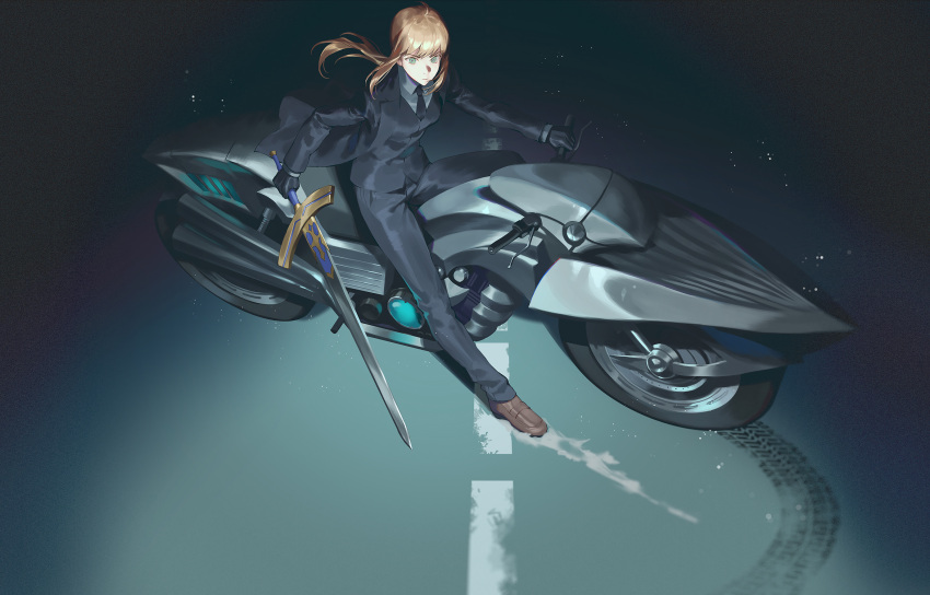 1girl ahoge artoria_pendragon_(fate) black_gloves black_necktie black_suit blonde_hair fajyobore323 fate/zero fate_(series) formal gloves green_eyes highres holding holding_sword holding_weapon motor_vehicle motorcycle necktie on_motorcycle pant_suit pants saber skid_mark solo suit sword weapon
