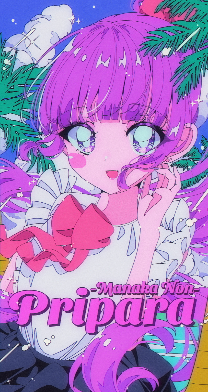 1girl :d black_skirt blunt_bangs blush bow character_name clouds commentary_request copyright_name day frilled_shirt frills hand_up highres long_hair looking_at_viewer manaka_non milon_cas open_mouth outdoors palm_tree pink_bow pretty_series pripara purple_hair retro_artstyle shirt side_ponytail skirt sky smile solo sparkle tree very_long_hair violet_eyes water white_shirt wind