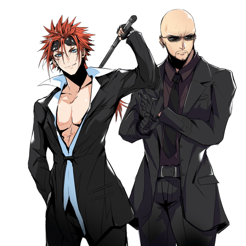 2boys adjusting_clothes adjusting_gloves bald baton_(weapon) belt_buckle black_gloves black_jacket black_necktie black_pants black_shirt black_suit blue_eyes buckle collared_shirt cowboy_shot crazy02oekaki facial_hair facial_mark final_fantasy final_fantasy_vii final_fantasy_vii_remake fingerless_gloves gloves goatee hand_in_pocket highres holding_baton jacket long_sleeves low_ponytail male_focus multiple_boys necktie pants redhead reno_(ff7) rude_(ff7) shirt short_hair_with_long_locks smirk spiky_hair suit suit_jacket sunglasses weapon weapon_behind_back white_background white_shirt