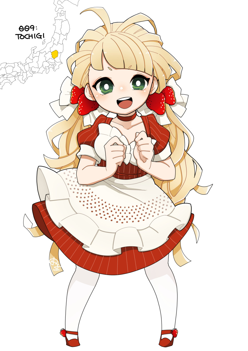 1girl :d absurdres apron blonde_hair bright_pupils choker food-themed_hair_ornament frilled_apron frills green_eyes hair_ornament highres japan long_hair nobel_(nobel827) original personification puffy_short_sleeves puffy_sleeves short_sleeves smile solo strawberry_hair_ornament tochigi_prefecture twintails white_background white_pupils