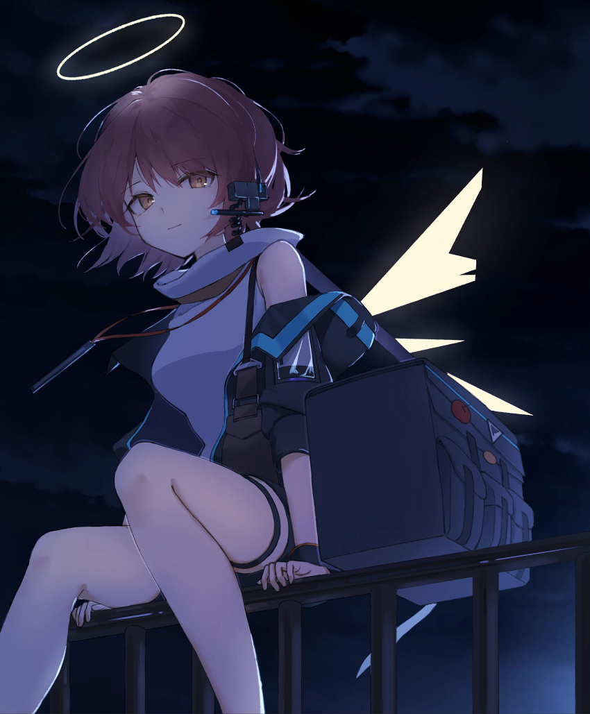 1girl arknights bag black_jacket closed_mouth detached_wings earpiece energy_wings exusiai_(arknights) exusiai_(midnight_delivery)_(arknights) halo highres jacket mgmg_cc211 night official_alternate_costume on_railing open_clothes open_jacket railing redhead shirt short_hair shoulder_bag solo thigh_strap white_shirt wings yellow_eyes