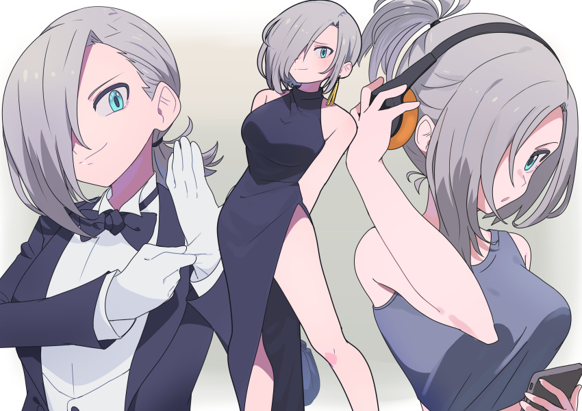 1girl absurdres alternate_costume alternate_hairstyle aqua_eyes black_bow black_bowtie black_dress bow bowtie breasts butler cellphone dress feet_out_of_frame female_butler girls_frontline gloves grey_hair hair_over_one_eye headphones highres looking_at_viewer medium_hair mg5_(girls'_frontline) multiple_views phone second-party_source smartphone tank_top upper_body wakimae62 white_gloves
