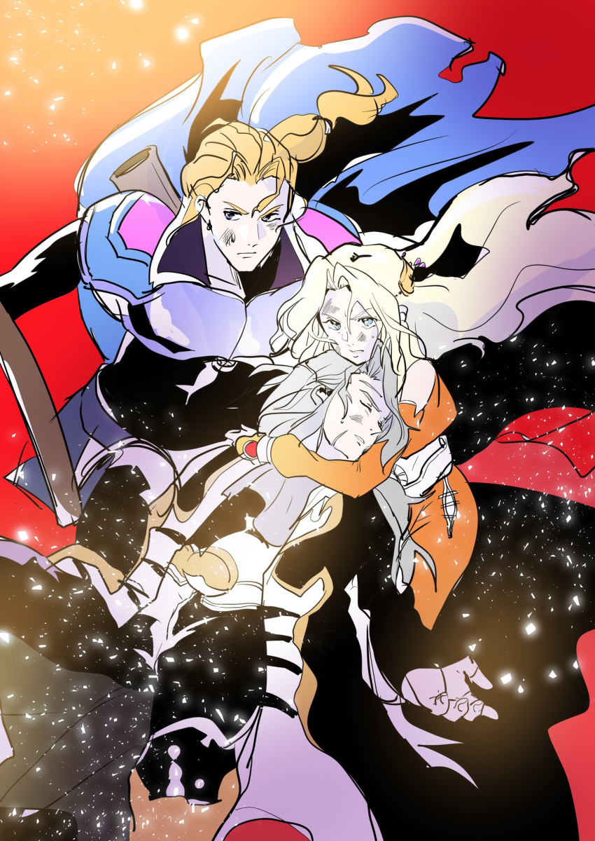 1girl 2boys armor arms_around_neck blonde_hair blue_cape cape celes_chere closed_eyes detached_sleeves dirty dirty_face edgar_roni_figaro final_fantasy final_fantasy_vi furrowed_brow grey_hair hair_ornament highres injury lace-up_legwear long_hair low_ponytail motsutei multi-tied_hair multiple_boys orange_pants orange_sleeves pants parted_bangs parted_lips scar scar_on_face setzer_gabbiani shoulder_armor sweatdrop