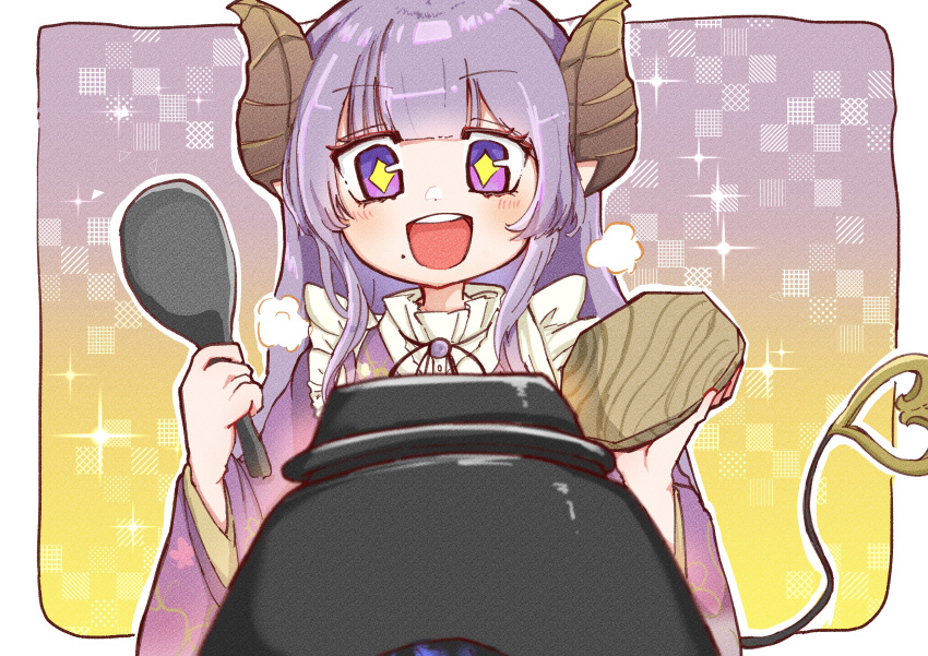 +_+ 1girl absurdres apron black_ribbon blunt_bangs blush brown_horns commentary demon_girl demon_horns demon_tail frilled_apron frills gradient_background highres holding holding_spoon horns japanese_clothes kimono long_hair medium_bangs mita_risuto mole mole_under_mouth nanashi_inc. neck_ribbon open_mouth pointy_ears purple_background purple_hair purple_kimono ribbon saionji_mary shamoji smile solo spoon tail teeth upper_body upper_teeth_only violet_eyes virtual_youtuber white_apron yellow_background