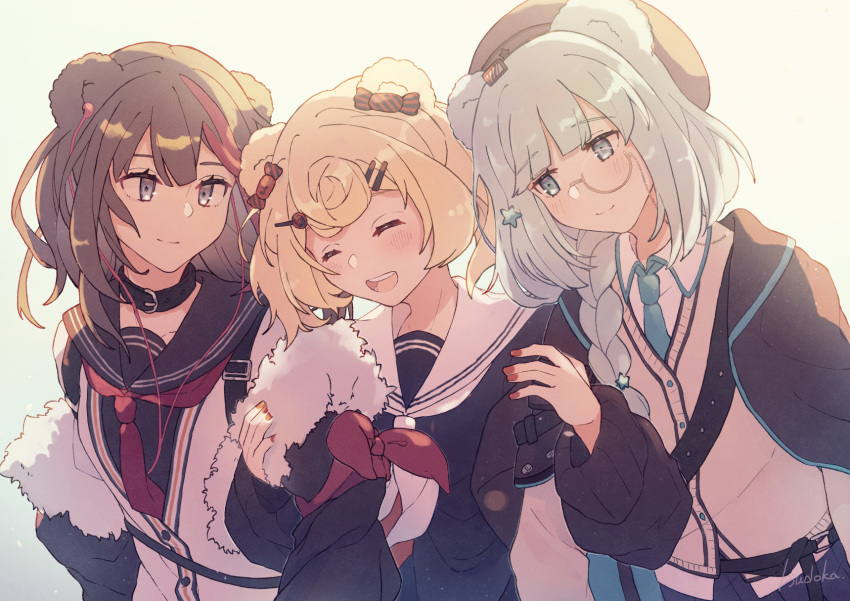 3girls animal_ears arknights arm_hug armband artist_name backlighting beret black_coat black_shirt blonde_hair blue_eyes blue_necktie blush braid braided_ponytail brown_hair candy_hair_ornament closed_eyes closed_mouth coat collar collared_shirt commentary earphones earphones food-themed_hair_ornament fur-trimmed_coat fur_trim grey_eyes grey_hair gummy_(arknights) hair_ornament hairclip hat highres istina_(arknights) jacket jacket_on_shoulders long_hair long_sleeves looking_at_another monocle multicolored_hair multiple_girls neckerchief necktie off_shoulder open_mouth red_neckerchief sailor_collar shirt short_hair smile star_(symbol) star_hair_ornament streaked_hair sudoka symbol-only_commentary upper_body vest watermark white_shirt zima_(arknights)