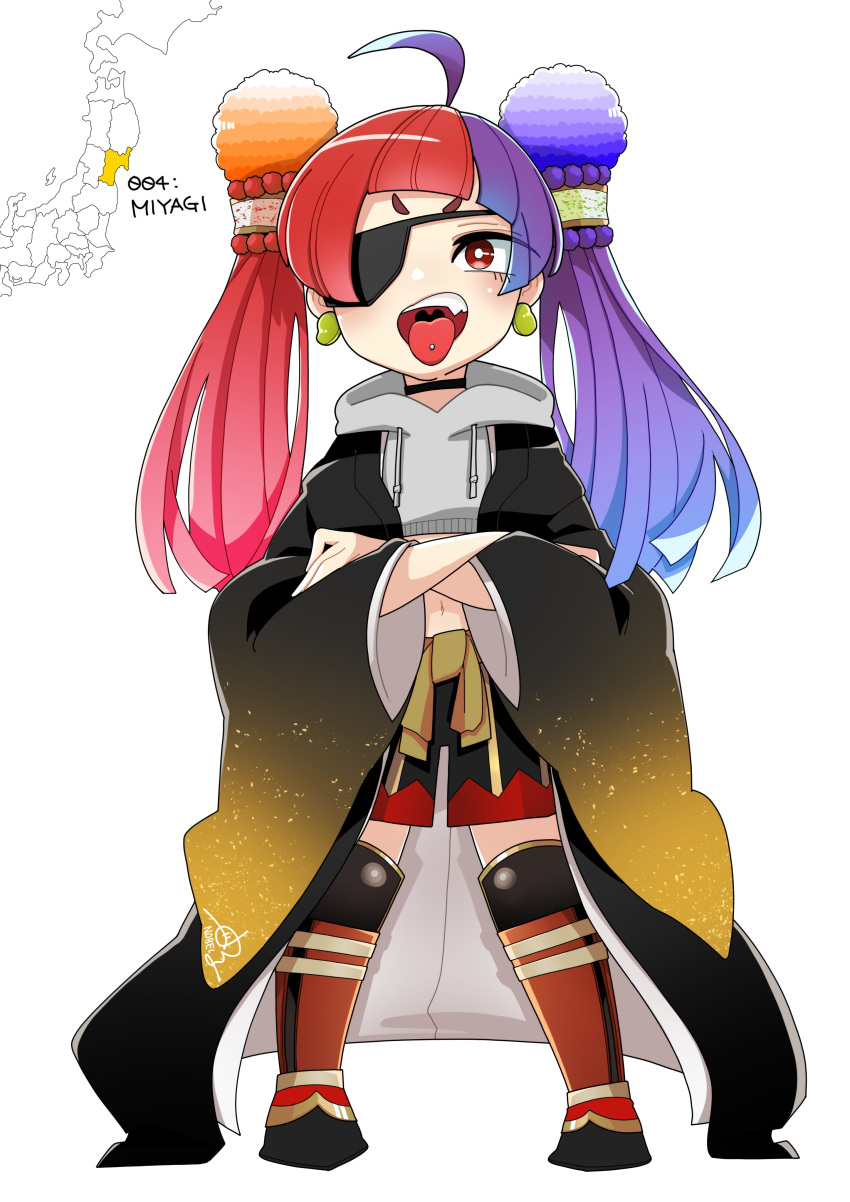 1girl absurdres ahoge armor bright_pupils choker crop_top crossed_arms earrings eyepatch fang haori highres hood hoodie japan japanese_armor japanese_clothes jewelry miyagi_prefecture multicolored_hair navel nobel_(nobel827) original personification piercing purple_hair red_eyes redhead solo suneate tongue tongue_out tongue_piercing twintails two-tone_hair white_background white_pupils wide_sleeves