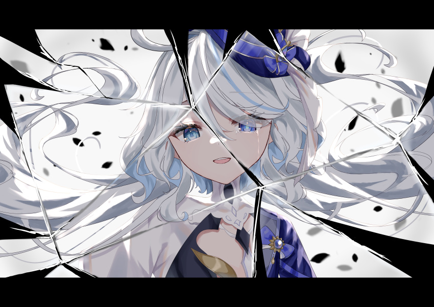1girl absurdres blue_headwear blue_jacket broken_glass crying crying_with_eyes_open drop-shaped_pupils eyes_visible_through_hair floating_hair focalors_(genshin_impact) furina_(genshin_impact) genshin_impact glass grey_background hair_over_one_eye hat heterochromia highres jacket letterboxed long_hair looking_at_viewer mismatched_pupils open_mouth rinmel9 solo tears teeth top_hat upper_body upper_teeth_only wavy_hair white_hair