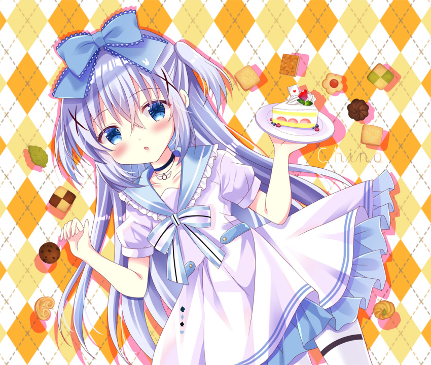 1girl bitter_crown black_choker blue_bow blue_eyes blue_sailor_collar blush bow cake cake_slice character_name chestnut_mouth choker collarbone commentary_request dress dutch_angle food frilled_sailor_collar frills fruit gochuumon_wa_usagi_desu_ka? grey_hair hair_between_eyes hair_bow hair_ornament hands_up holding holding_plate kafuu_chino long_hair pantyhose parted_lips plaid plaid_background plate puffy_short_sleeves puffy_sleeves sailor_collar sailor_dress short_sleeves solo strawberry striped striped_bow two_side_up very_long_hair white_dress white_pantyhose x_hair_ornament