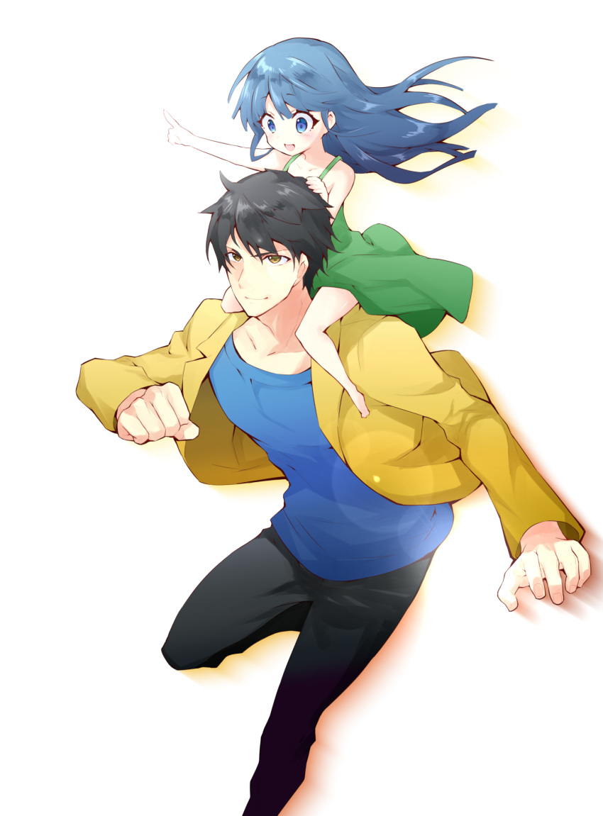 1boy 1girl :d akasaka_mamoru bare_arms barefoot black_hair black_pants blue_eyes blue_hair blue_shirt blush brown_eyes carrying child closed_mouth collarbone commentary_request dress eyelashes floating_clothes floating_hair foot_out_of_frame full_body furude_rika green_dress happy highres higurashi_no_naku_koro_ni index_finger_raised jacket long_hair long_sleeves looking_afar looking_at_another looking_down mature_male nose open_clothes open_jacket open_mouth outstretched_arm pants piggyback pointing pointing_forward running shirt short_hair simple_background sleeveless sleeveless_dress smile spiky_hair suzuragi_karin tareme v-shaped_eyebrows white_background wind wind_lift yellow_jacket