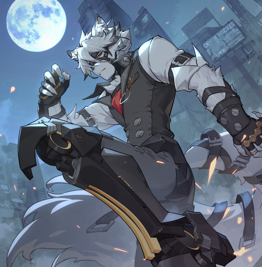 1boy absurdres animal_ears black_pants black_vest character_name chinese_commentary claws copyright_name corin_wickes eyepatch full_moon furry furry_male highres looking_at_viewer male_focus moon one_eye_covered pants prosthesis prosthetic_leg red_eyes shirt tail vest von_lycaon white_shirt wolf_boy wolf_ears wolf_tail wtk zenless_zone_zero
