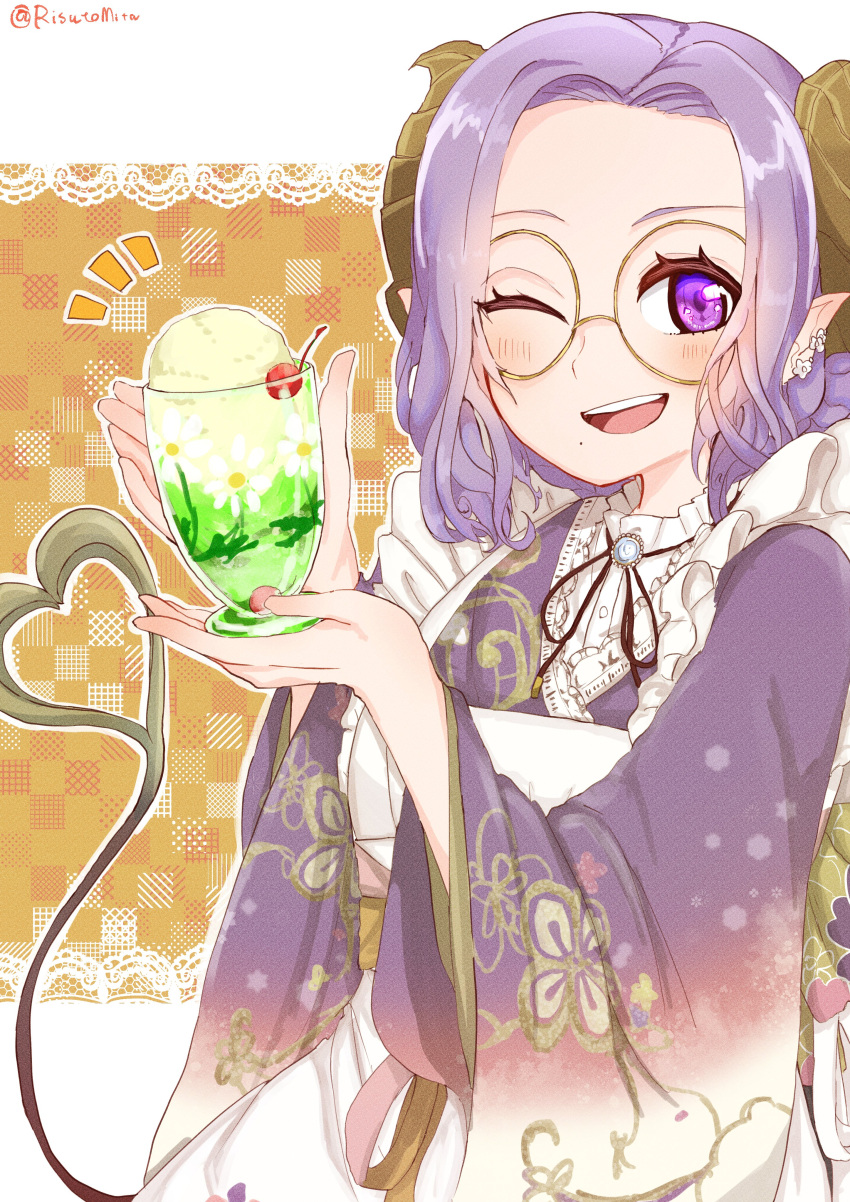 1girl absurdres apron black_ribbon blue_brooch blush brown_horns cherry cocktail commentary_request cup demon_girl demon_horns demon_tail ear_flower food frilled_apron frills fruit glasses highres holding holding_cup horns ice_cream japanese_clothes kimono long_hair long_sleeves looking_at_viewer melon_soda mita_risuto mole mole_under_mouth nanashi_inc. neck_ribbon notice_lines one_eye_closed open_mouth outline purple_hair purple_kimono ribbon round_eyewear saionji_mary smile solo tail teeth upper_body upper_teeth_only violet_eyes virtual_youtuber white_apron white_outline wide_sleeves yellow-framed_eyewear