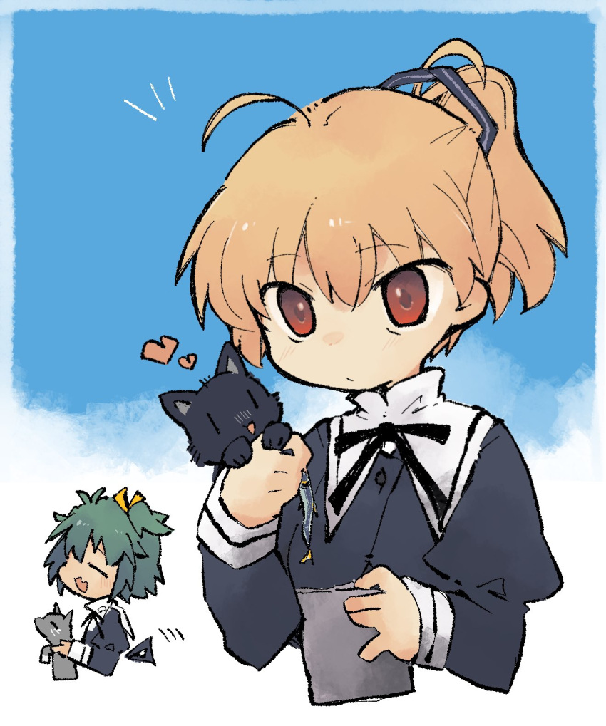 2girls =_= ahoge andou_tazusa animal antenna_hair assault_lily bag black_cat black_ribbon blonde_hair blue_sky buttons cat chibi chibi_inset closed_mouth clouds commentary_request cropped_jacket cropped_torso day fang fish food green_hair grey_cat hair_ribbon hands_up high_ponytail highres holding holding_animal holding_bag holding_cat holding_fish holding_food juliet_sleeves light_blush long_sleeves looking_at_another motion_lines multiple_girls neck_ribbon open_mouth outdoors profile puffy_sleeves red_eyes ribbon sardine school_uniform short_hair skin_fang sky smile striped striped_ribbon toyo_(sameden46) yellow_ribbon yoshimura_thi_mai yurigaoka_girls_academy_school_uniform |_|