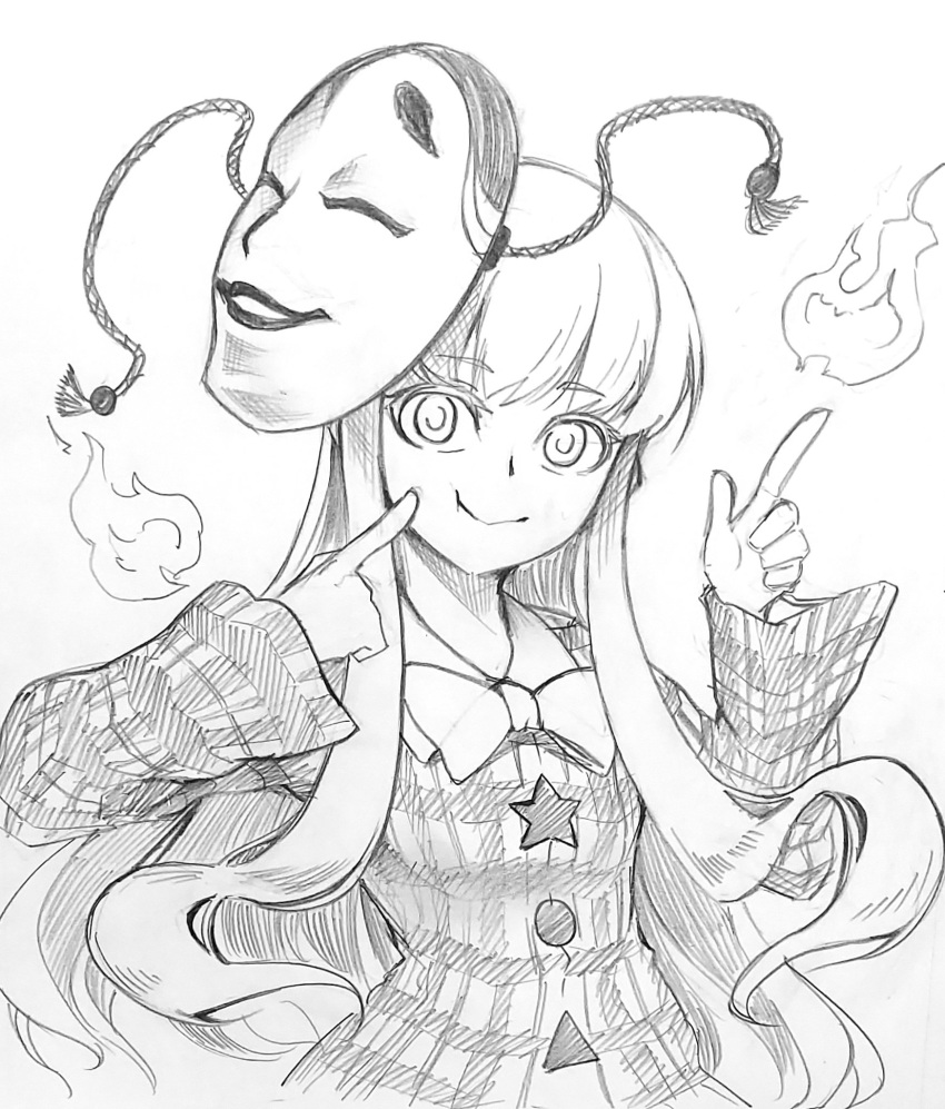 bow bowtie buttons fire hata_no_kokoro highres long_hair long_sleeves looking_at_viewer mask mask_on_head monochrome one-hour_drawing_challenge plaid plaid_shirt rivasan shirt sidelocks smile star_(symbol) star_button touhou traditional_media triangle_button white_background