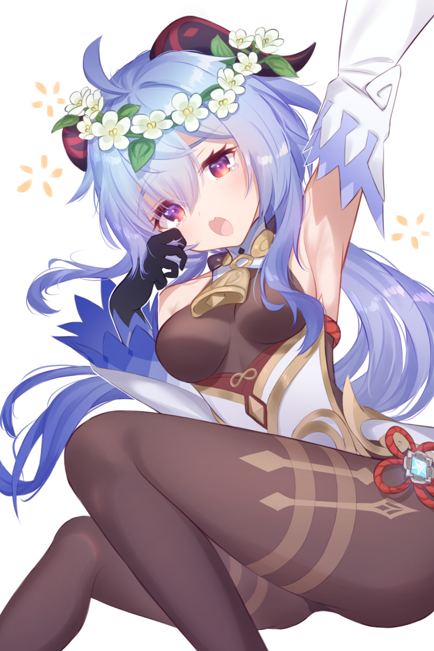 1girl 21038bite_pen ahoge arm_up armpits bare_shoulders bell black_gloves black_pantyhose blue_hair blush breasts detached_sleeves flower ganyu_(genshin_impact) genshin_impact gloves gold_trim highres horns long_hair looking_at_viewer lying medium_breasts neck_bell on_side open_mouth pantyhose qingxin_flower sidelocks solo thighlet thighs violet_eyes vision_(genshin_impact) waking_up white_background white_flower white_sleeves