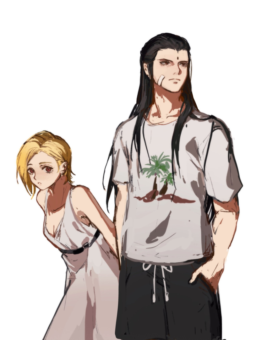 1boy 1girl :o alternate_costume arms_behind_back bandaid bandaid_on_face belt black_belt black_eyes black_hair black_shorts blonde_hair chinese_commentary commentary_request crisis_core_final_fantasy_vii dangle_earrings drawstring dress earrings elena_(ff7) expressionless facial_mark final_fantasy final_fantasy_vii forehead_mark hand_in_pocket highres jewelry kojimarie leaning leaning_forward long_hair looking_to_the_side parted_lips plunging_neckline red_eyes shirt short_hair shorts simple_background t-shirt tseng upper_body white_background white_dress white_shirt