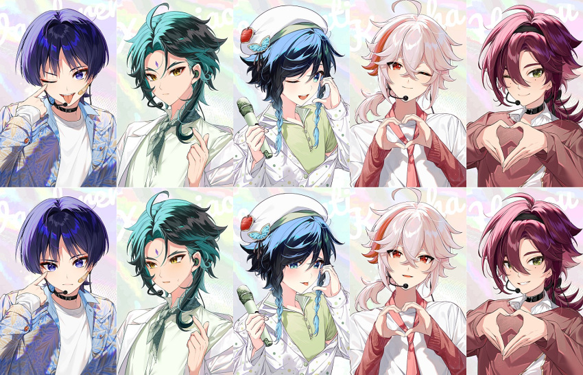 5boys 6+boys :d ahoge akanbe aqua_hair bandaid bandaid_on_cheek bandaid_on_face beret black_choker black_hair black_hairband black_ribbon blue_hair blue_jacket blunt_ends blush braid breast_pocket brown_shirt butterfly_hat_ornament buttons choker closed_mouth collared_jacket collared_shirt commentary crossed_bangs earpiece eyelid_pull eyeliner eyeshadow facial_mark fangs fingernails food-themed_hat_ornament forehead_mark genshin_impact gold_trim gradient_hair green_eyes green_hair green_neckerchief green_shirt hair_behind_ear hair_between_eyes hair_intakes hair_ribbon hairband hand_up hands_up hat hat_ornament headset heart heart_hands highres holding holding_microphone index_finger_raised jacket kaedehara_kazuha kkopoli lapels long_hair long_sleeves looking_at_viewer low_ponytail makeup male_focus medium_hair microphone mole mole_under_each_eye mole_under_eye multicolored_background multicolored_hair multiple_boys multiple_moles neckerchief necktie off_shoulder one_eye_closed open_clothes open_jacket open_mouth parted_bangs partially_unbuttoned pocket polka_dot polka_dot_jacket ponytail print_jacket purple_hair red_eyeliner red_eyes red_eyeshadow red_necktie redhead ribbon scaramouche_(genshin_impact) shikanoin_heizou shirt short_hair short_sleeves side_braids sidelocks simple_background sleeves_past_wrists smile solo streaked_hair sweatdrop swept_bangs teeth tongue tongue_out twin_braids upper_body upper_teeth_only venti_(genshin_impact) violet_eyes white_hair white_headwear white_jacket white_shirt xiao_(genshin_impact) yellow_eyes