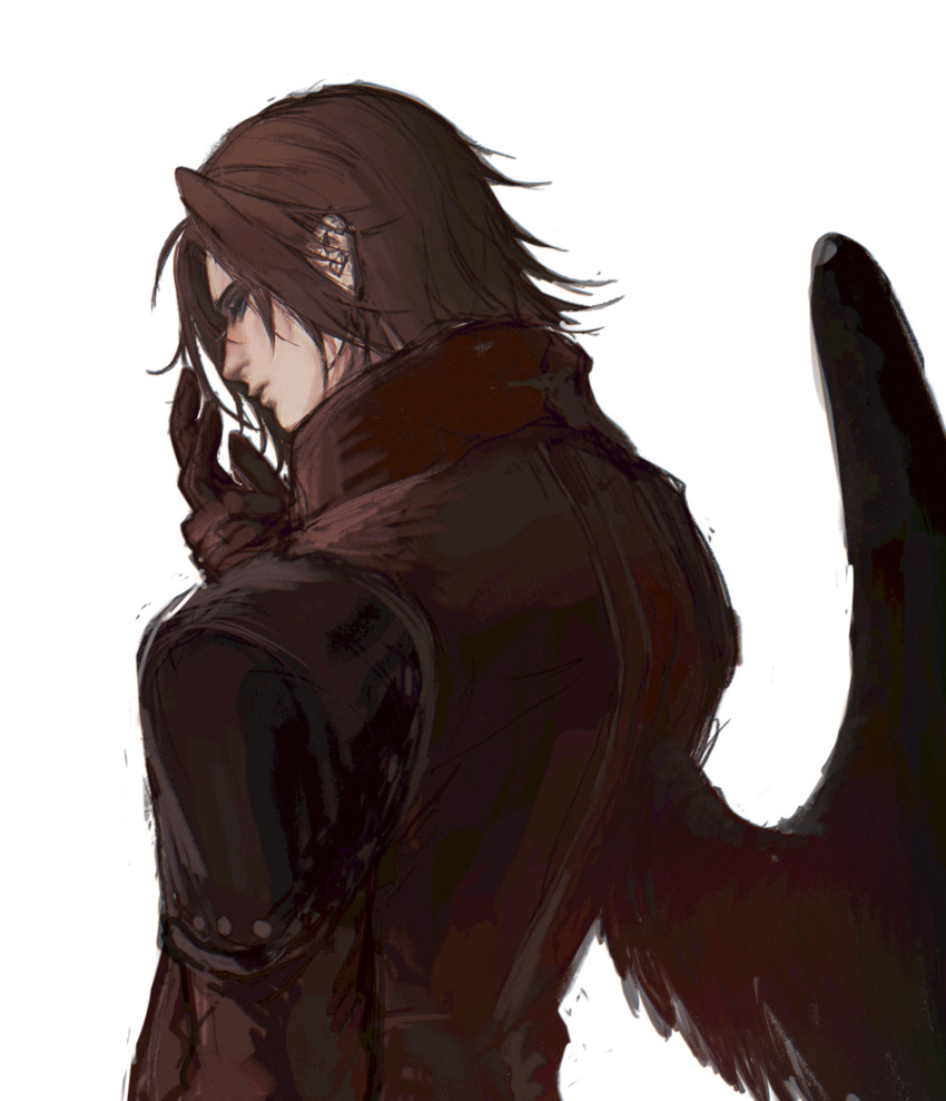 1boy armor black_wings brown_hair coat commentary crisis_core_final_fantasy_vii english_commentary facing_away feathered_wings final_fantasy final_fantasy_vii genesis_rhapsodos gloves hand_up highres kojimarie long_coat looking_down male_focus pauldrons red_coat red_gloves sad short_hair shoulder_armor simple_background single_wing solo standing upper_body white_background wings