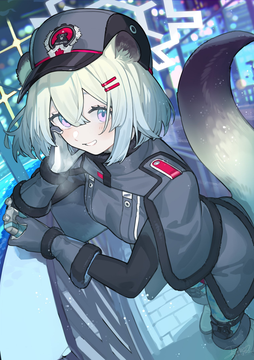 1girl animal_ears blue_archive blush bottle breasts capelet dated fur_hat gloves green_hair grey_capelet grey_gloves grey_headwear grey_jacket hair_between_eyes halo hat highres holding holding_bottle jacket long_sleeves looking_at_viewer medium_breasts medium_hair nao_(syn_eaa) night open_mouth outdoors shigure_(blue_archive) signature smile solo tail ushanka violet_eyes weasel_ears weasel_tail