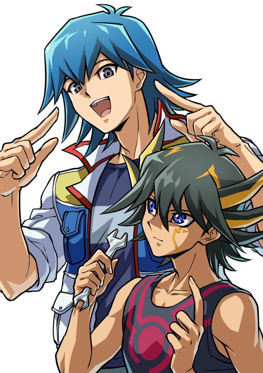 2boys absurdres black_hair black_tank_top blue_eyes blue_hair blue_shirt bruno_(yu-gi-oh!) commentary_request facial_mark facial_tattoo fudou_yuusei grey_eyes happy high_collar highres holding holding_tool holding_wrench jacket light_smile looking_at_another looking_at_viewer male_focus marking_on_cheek multicolored_hair multiple_boys muscular muscular_male open_clothes open_jacket open_mouth pointing pointing_at_self pointing_up shirt short_hair simple_background sleeveless sleeves_rolled_up smile spiky_hair standing streaked_hair tank_top tattoo tools upper_body white_background wrench youko-shima yu-gi-oh! yu-gi-oh!_5d's