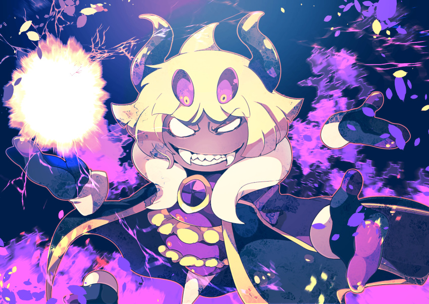 1boy ahoge black_background black_cloak black_gloves black_horns blunt_bangs blunt_ends chest_jewel cloak colored_sclera commentary_request dark_skin dark_taranza disembodied_limb extra_eyes extra_hands fangs gem gloves grin half-closed_eye highres horns incoming_attack kirby_(series) looking_at_viewer magic no_humans open_mouth outline purple_background purple_gemstone purple_sclera scarf sharp_teeth shirushiki short_hair smile solid_eye solo teeth two-tone_background v-shaped_eyes white_eyes white_hair white_scarf white_wrist_cuffs yellow_outline