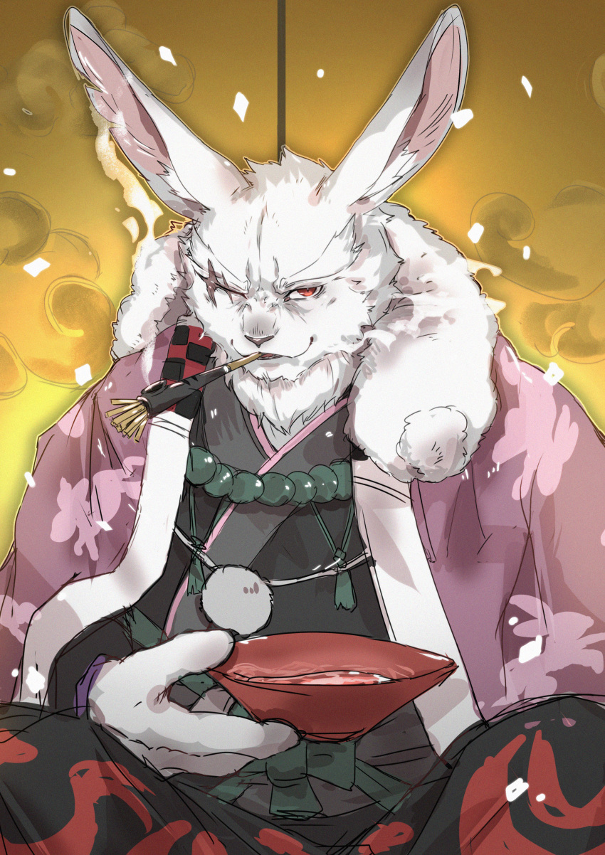 1boy absurdres alcohol animal_ears ao_gravity choko_(cup) commentary_request cup furry furry_male highres japanese_clothes kimono looking_at_viewer male_focus open_mouth rabbit_boy rabbit_ears red_eyes sake scar scar_across_eye shangri-la_frontier smoke smoking_pipe vysache_(shangri-la_frontier)