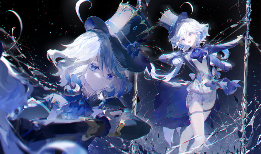 1girl a_ji absurdres ahoge ascot asymmetrical_gloves black_gloves blue_ascot blue_bow blue_brooch blue_eyes blue_hair blue_headwear blue_jacket bow broken_mirror chromatic_aberration closed_mouth cowboy_shot dancing furina_(genshin_impact) genshin_impact glass_shards gloves hair_between_eyes hat heterochromia highres jacket legs light_blue_hair light_particles long_hair looking_down looking_to_the_side mirror mismatched_gloves multicolored_hair multiple_views open_mouth reflection short_hair shorts sidelocks smile standing streaked_hair teeth top_hat two-tone_hair upper_teeth_only white_gloves white_shorts