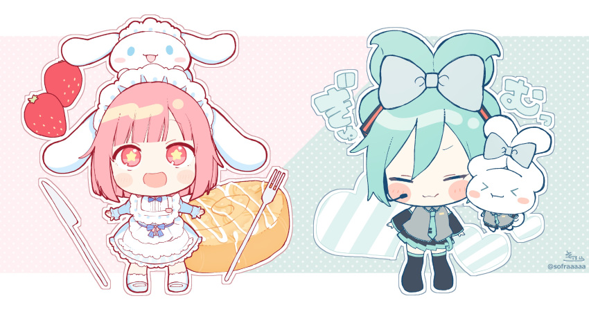 &gt;_&lt; :d :t absurdres apron black_footwear black_skirt black_sleeves blue_bow blue_dress blush_stickers boots bow character_request check_character chibi cinnamiku cinnamon_roll cinnamoroll closed_eyes closed_mouth collared_shirt commentary_request diagonal_stripes dress fork green_hair grey_shirt hair_bow heart highres juliet_sleeves knife long_sleeves ootori_emu outline pink_hair pleated_skirt polka_dot polka_dot_background project_sekai puffy_sleeves red_eyes sanrio shirt skirt sleeveless sleeveless_shirt smile socks sofra star-shaped_pupils star_(symbol) striped symbol-shaped_pupils thigh_boots twitter_username vocaloid white_apron white_footwear white_outline white_socks