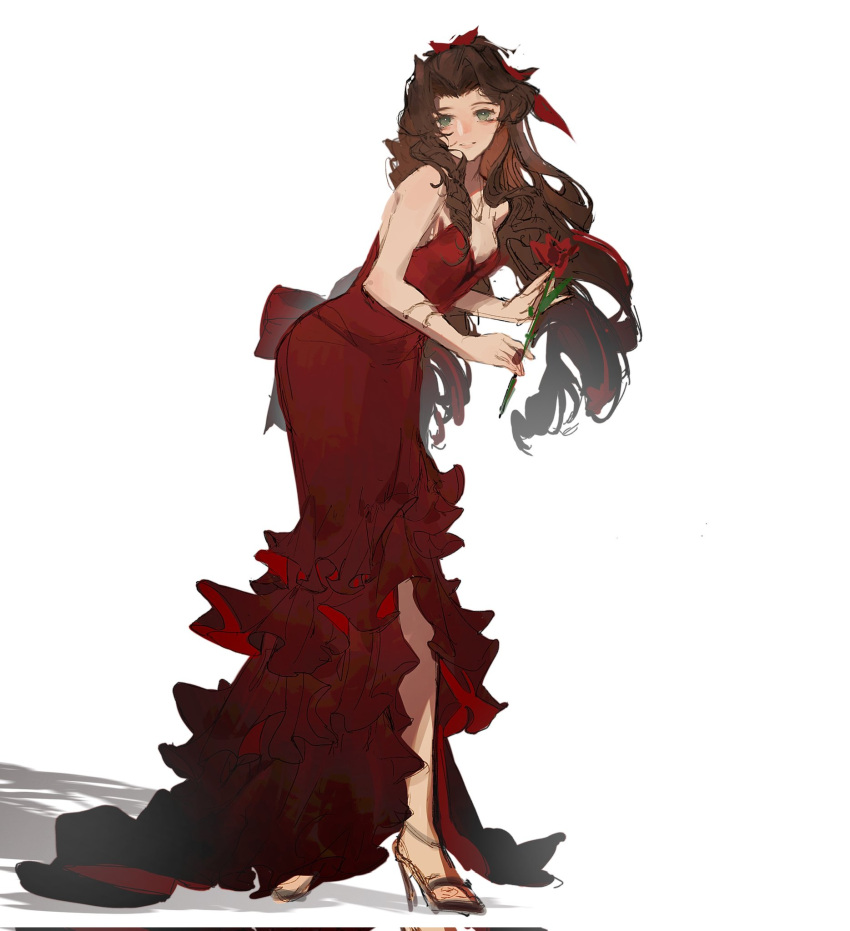 1girl aerith_gainsborough back_bow bow brown_hair curly_hair dress final_fantasy final_fantasy_vii final_fantasy_vii_remake flower frilled_dress frills full_body green_eyes hair_ribbon hands_up high_heels highres holding holding_flower jewelry kojimarie leaning leaning_forward long_hair necklace official_alternate_costume parted_bangs red_bow red_dress red_flower red_ribbon red_rose ribbon rose shadow sidelocks simple_background smile solo standing white_background