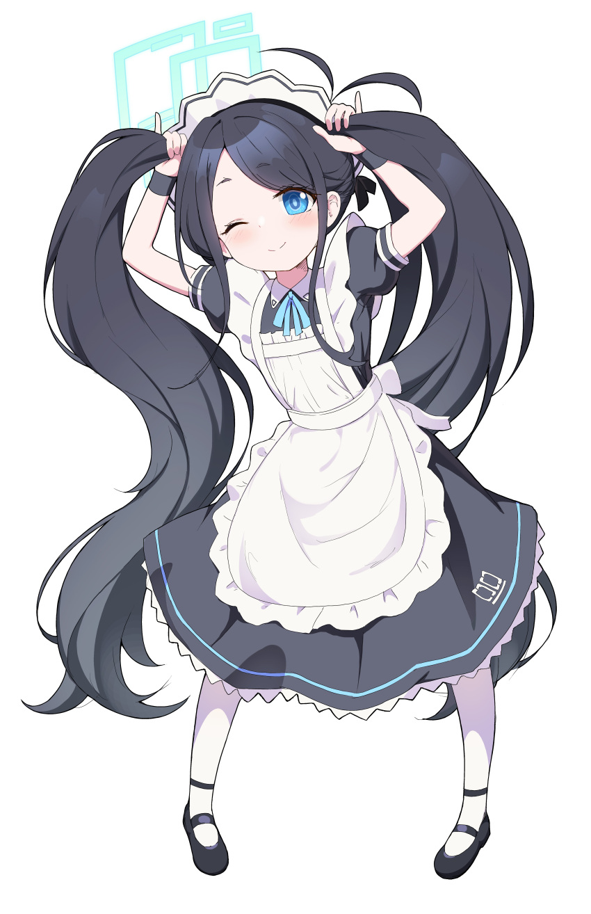 1girl ;) absurdres apron aris_(blue_archive) aris_(maid)_(blue_archive) arms_up black_dress black_hair blue_archive blue_eyes blue_halo blush bunching_hair closed_mouth dress full_body halo highres long_dress long_hair looking_at_viewer maid maid_apron official_alternate_costume one_eye_closed pantyhose puffy_short_sleeves puffy_sleeves qkracho_(thesdroz) ringed_eyes short_sleeves simple_background smile solo tareme twintails very_long_hair waist_apron white_apron white_background white_pantyhose