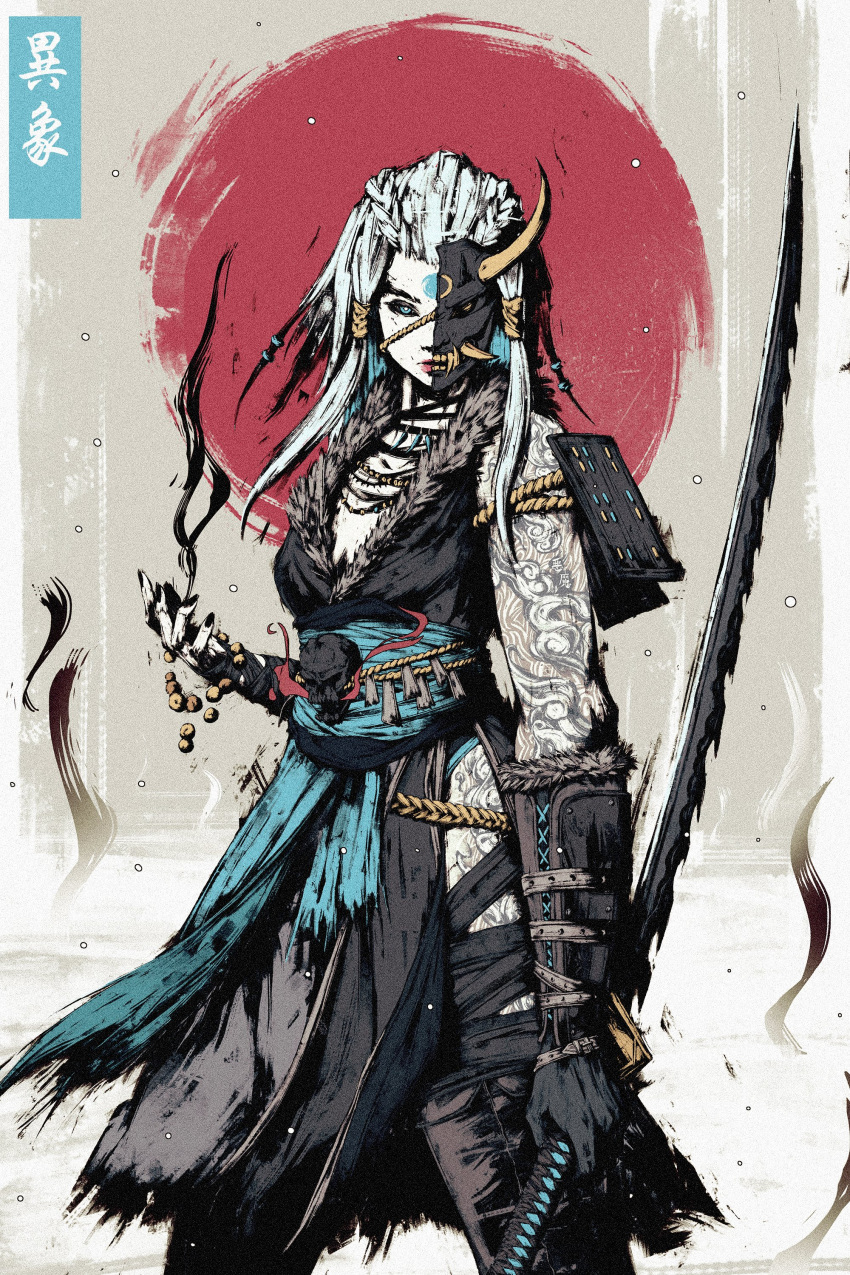 1girl absurdres akramness arm_tattoo black_kimono black_sclera black_skin blue_eyes colored_sclera colored_skin commentary grey_background highres holding holding_sword holding_weapon horns japanese_clothes jewelry kimono leg_tattoo medium_hair necklace original red_sun single_horn solo sword tattoo weapon white_hair white_skin yellow_eyes